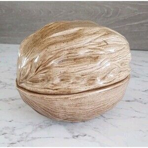 Vintage Walnut Shaped Large Ceramic Covered Nut Bowl Candy Dish Hand Painted